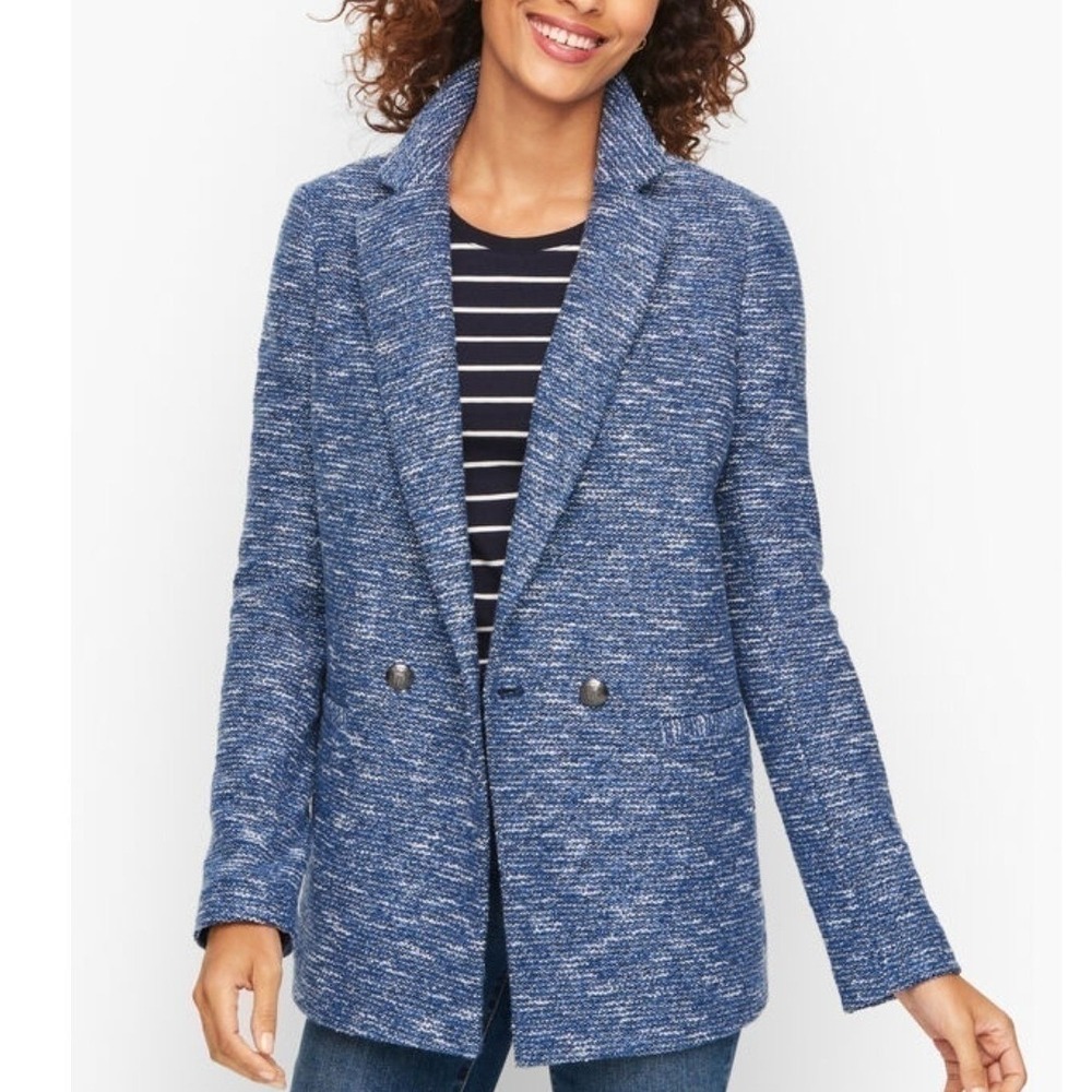 Talbots 10 NWOT Luxe Tweed Double Breasted Blazer Blue - Pockets Preppy Career